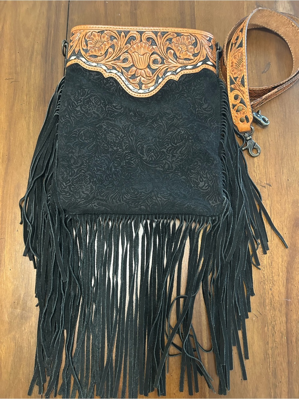 American Darling Black Leather Fringe Crossbody